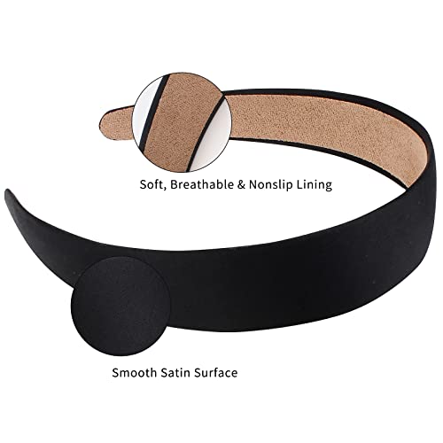 Wecoe 10 Pack Black Satin Wide 1.3 Inch Non-Slip Fashion Halloween DIY Plain Solid Hair Bands for Women and Girls - color: Black