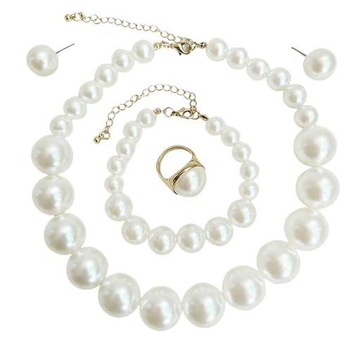 Chunky Beads Jewelry Set Boho Large Simulated Pearl Statement Colorful Beaded Necklace Bracelet Earrings Ring Set Holiday Party Bride Outfit for Women - color: White