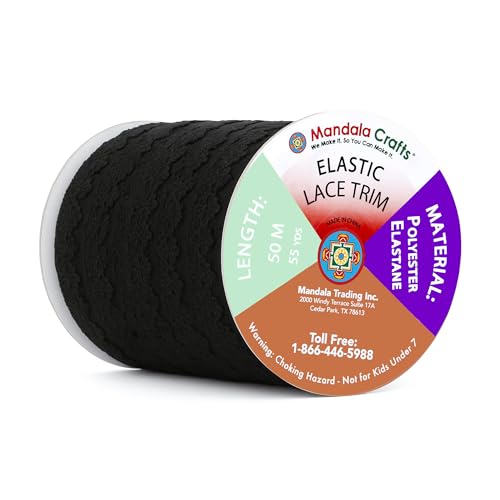 Mandala Crafts Black Stretch Lace Soft Elastic Trim Roll - 55 Yards 1 Inch Wide Stretchy Frilly Picot Ribbon for Sewing Lingerie, Headbands, Underwear, and Crafts - color: Black