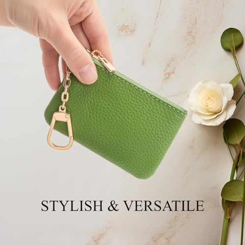 Full Grain Leather Coin Purse with Key Chain - Small Change Purse Keychain Card Holder Keychain Pouch Small Keychain Wallet for Women and Men (Grass Green) - color: Grass Green, Regular Size