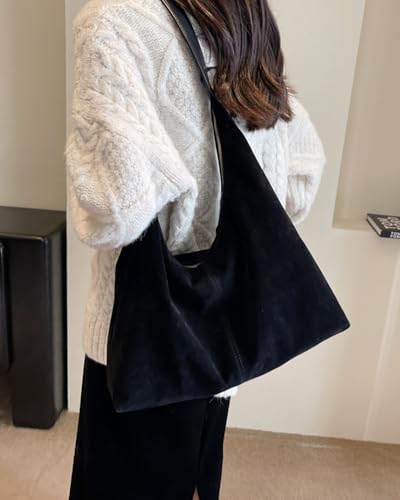 Womens Fashion Suede Shoulder Bags Large Tote Bag Retro Purse Handbag Casual Work Ladies Top Handle Satchel - color: B-black1