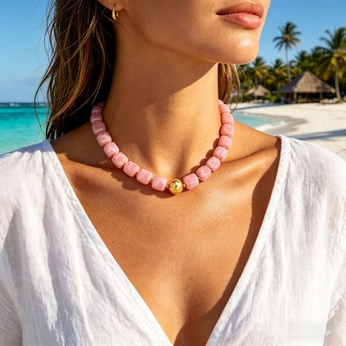 Chunky Colorful Beaded Necklaces for Women Big Bead Boho Choker Necklace Trendy Heart Statement Necklace Summer Beach Jewelry Mothers Day Gifts for Mom Daughter - color: Square Pink Choker