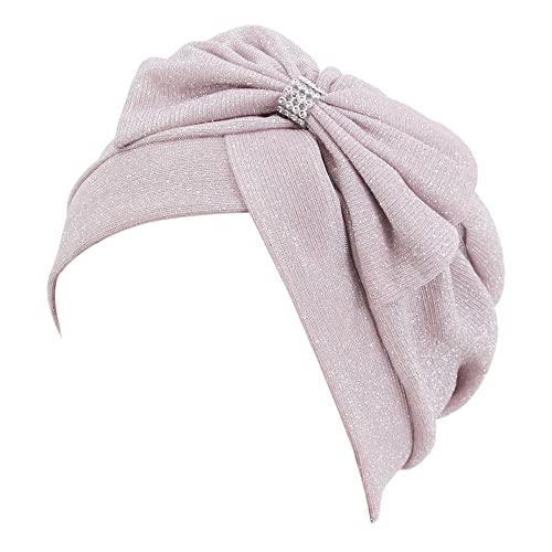 Erinaco Women Sparkle Sequin African Turban Bow Knot Pre-Tied Cap Pleated Ruffle Bonnet Beanie Hat Headwrap Skull Caps - color: Glitter Pink