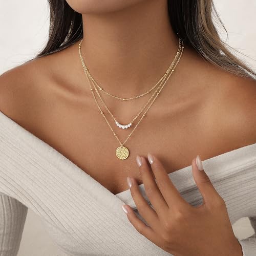 Layered Gold Necklace for Women Trendy 14K Gold Plated Heart CZ Pendant Layered Gold Necklaces Set Coin Choker Necklaces Simple Circle Cubic Zirconia Pearl Necklace Stack Herringbone Paperclip Chain Jewelry Set - style: 3PCS-Zircon round pendant-GD