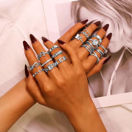 CHICUTIE Gold Knuckle Rings Set For Women Stackable Joint Finger Midi Rings Dainty Cubic Crystal Zirconia Hollow Twist Cute Pack Jewelry Gift - style: 22PCS SILVER