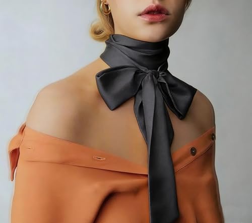 Long Thin Skinny Scarf Satin Neckerchief Ribbon Tie Waist Belt for Women - color: Dark Grey
