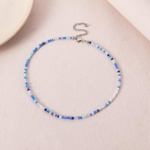 PINK TOWN Colorful Beaded Necklace Bohemian Rice Beads Choker Handmade Summer Beach Necklace for Women - color: Blue