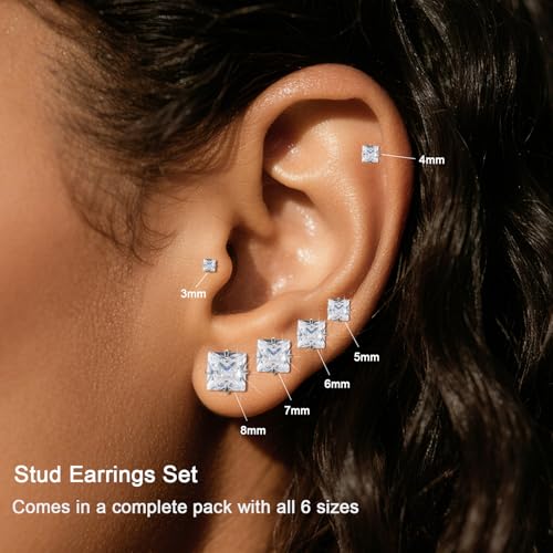 20G Hypoallergenic Surgical Steel Square Pearl Ball CZ Flat Back Stud Earrings for Sensitive Ear, Lightweight Shiny Earrings Studs for Helix Tragus Cartilage Multiple Piercing - color: Silver-C