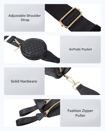 Valentoria Large Woven Leather Crossbody Bags for Women Checkered Bum Bag Sling Bag Purse Adjustable Strap Detachable Wallet | Woven - color: Black Checkered