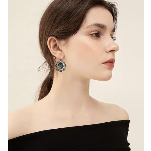 Handmade Bohemian Vintage Gold Sparkly Crystal Round Flower Leverback Earrings Cute Rhinestone Geometry Dangle Drop Earring for Women - color: Grey