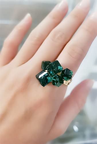 Hebelee Boho Square Crystal Statement Ring for Women Gold-Toned Adjustable Expandable Promise Engagement Geometric Rings Comfort Fit Elegant Art Deco Birthday Christmas Cocktail Party Y2K Jewelry - color: Green
