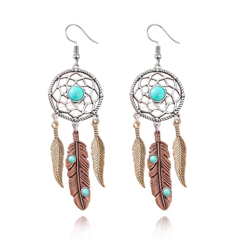 Boho Turquoise Drop Earrings Retro Long Copper Feather Tasse Metal Leaf Dangle Earrings Vintage Country Western Jewelry Cowgirl Ethnic Style Geometric Concert Festival Accessories for Women - color: Silver Blue