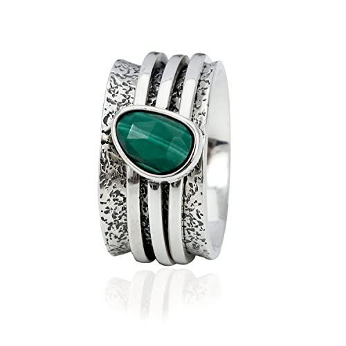 925 Sterling Silver Anxiety Ring with Beads Fidget Spinning Rings for Women Worry Beads Rings - color: Malachite design