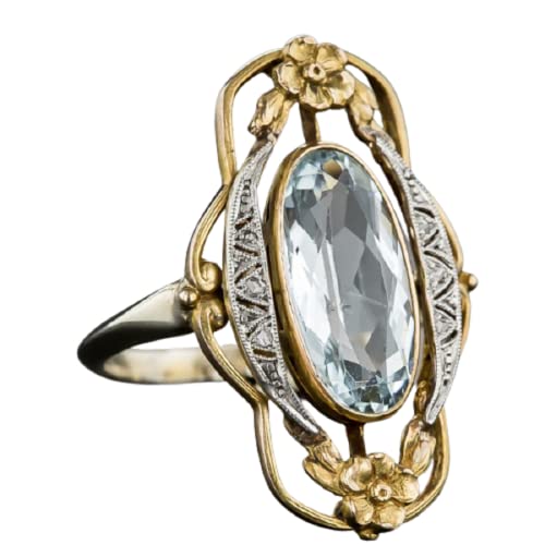 Hollow Out Vintage 925 Sterling Silver Emerald Ring Golden Flower Antique Rings Oval CZ Gold Plated Engagement Rings, Suitable Cocktail Anniversary Cubic Zirconia Ring for Women (10) - size: 10