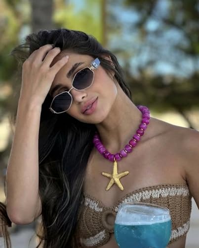 Chunky Beaded Starfish Shell Necklace for Women Colorful Boho Summer Chain Choker Beach Necklace with Acrylic Beads Trendy Chunky Jewelry Gifts - color: XL005D1