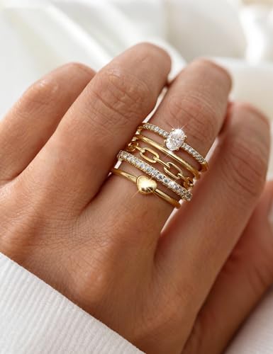 FIASASO Gold Rings for Women Non Tarnish - 5Pcs Dainty Stackable Rings 14K Gold Plated Cubic Zirconia Stacking Rings Non Tarnish Waterproof Minimalist Thin Stack Ring Size 5 6 7 8 9 10 - color: 14K Gold Plated