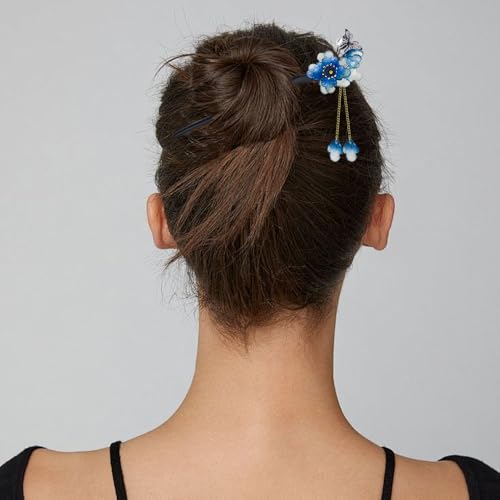 Blue Plum Blossom Resin Hairpin with Wooden Stick Elegant Tassel Chinese Hanfu Style Hair Fork for Women Girls