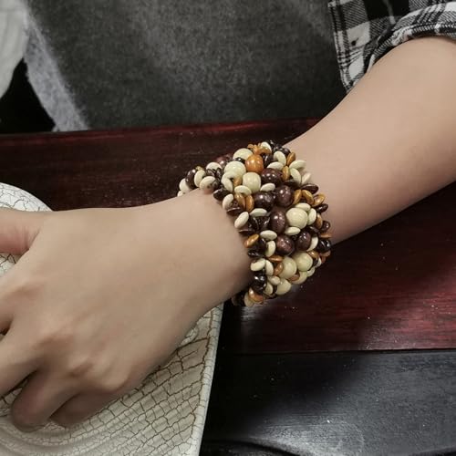 Boho Wide Chunky Colorful Wooden Thick Shell Elastic Stretch Bracelet Handmade Bohemia Summer Beach Vacation Adjustable Lightweight Wood Wristband Jewelry for Women - color: brown