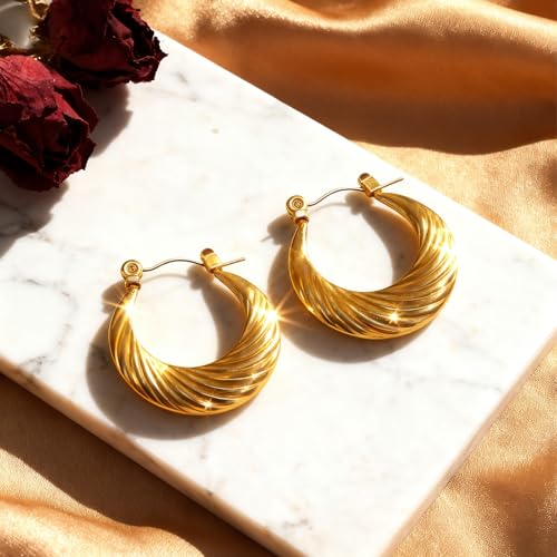 Gold Sculptural Hoop Earrings for Women, 14K Gold Plated Statement Earrings, Lightweight Hypoallergenic Jewelry for Sensitive Ears, Trendy Gift for Her - style: Moon