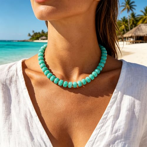 Chunky Colorful Beaded Necklaces for Women Big Bead Boho Choker Necklace Trendy Heart Statement Necklace Summer Beach Jewelry Mothers Day Gifts for Mom Daughter - color: Mint-Green Round Choker