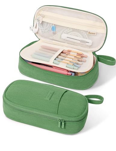 SUNEE Cute Pencil Case, Large Pencil Pouch, Soft Corduroy Fabric Big Pencil Bag with Zipper, Kawaii Pen Bag Stationery Storage and Organizer, School Supplies for Teen, Student, Boys, Girls, Soft Green - color: Soft Green