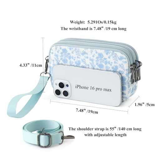 Small Wristlet Wallet for Women, 3-Zip Crossbody Phone Purse - color: Flowerprint/Corduroy