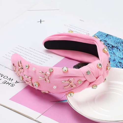 WantGor Pearl Knotted Headband, Women Rhinestone Embellished Hairband Elegant Wide Top Knot Bride Headbands Headpieces Party Fashion Elegant Ladies Hair Band Hair Hoop Accessories (Pink Bow) - color: Pink Bow