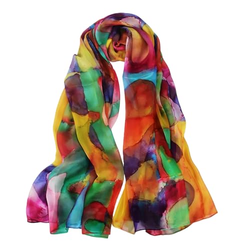 100% Mulberry Silk Women's Neck Silk Scarf-Lightweight Shawl,FLoral Print Beach Silk Wrap-Scarves for Photography - color: Rainbow-color