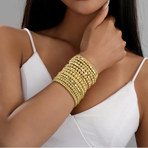 ÌF ME 16 PCS Gold Bead Bracelet for Women, Gold Beaded Stretch Plated Stackable Strand Bead Ball Bracelets stack Adjustable Jewelry Set for Gifts - color: 16 PCS Gold