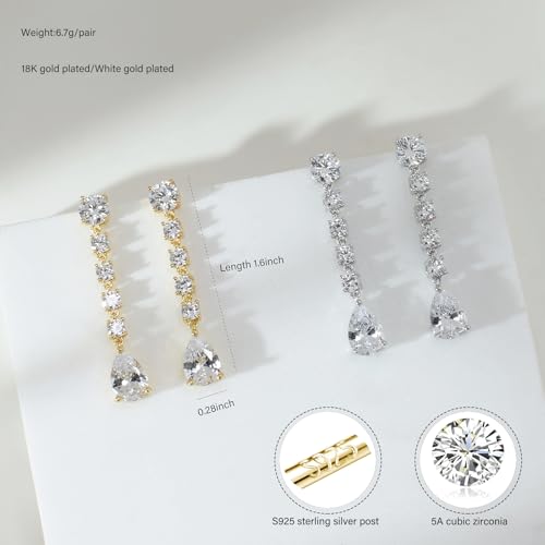 Teardrop Cubic Zirconia Dangle Earrings for Women 925 Silver Post Gold Plated Bridal Jewelry for Wedding Bride Bridesmaid Prom Pageant - color: Gold