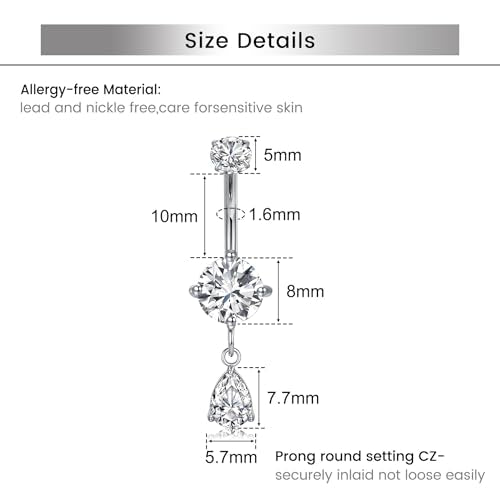 Briana Williams Belly Button Ring Clear CZ Dangle Belly Button Piercing Belly Rings Dangle Belly Button Rings Surgical Steel Teardrop Dangle Belly Button Jewelry for Women Silver Gold - color: F -Silver