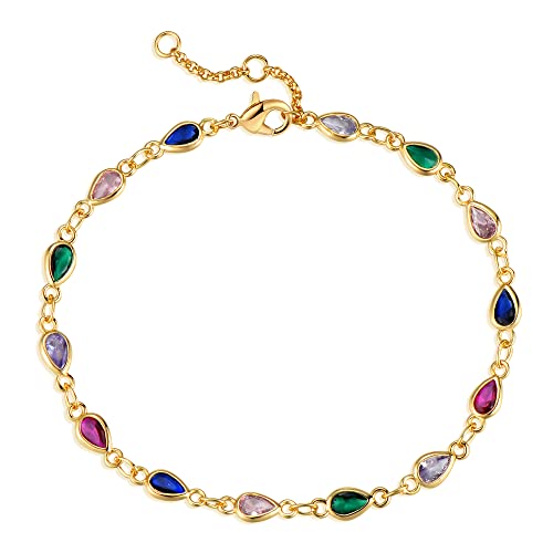 Dremmy Studios Gold Bracelet for Women 18K Gold Plated Dainty Paperclip Cubic Zirconia Disc Coin Star Cable Satellite Bead Pearl Simple Boho Minimalist Stacking Layered Link Jewelry Gift - color: CZ Rainbow