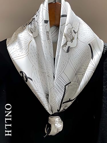 100% Mulberry Silk Scarf for Women Hair Lightweight Square Neckerchief Wrap For Head Scarves 21" - color: 23-black and White Flower /21"*21"