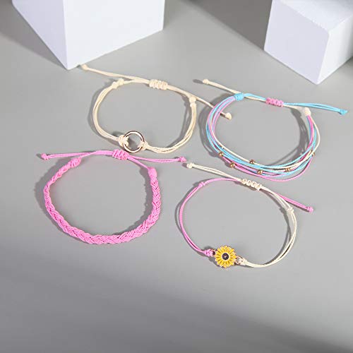 FANCY SHINY Easter Gifts Basket Stuffers Sunflower String Bracelet Boho Braided Rope Wrap Bracelets Cute Summer Beach Surfer Jewelry for Women - color: Pink
