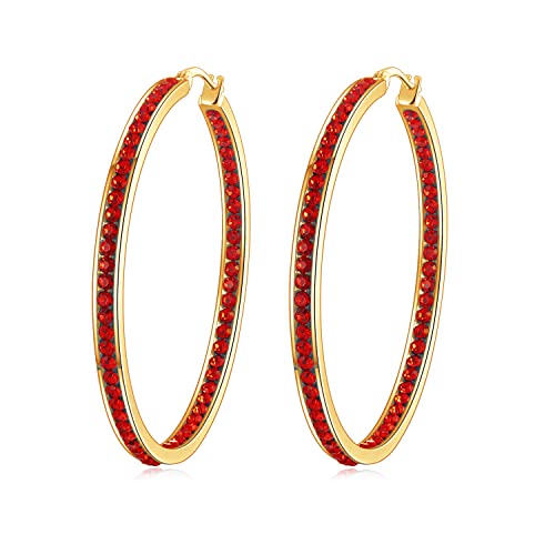 CiNily Mult-colors Crystal Stainless Steel Hoop Earring for Women Hypoallergenic Jewelry for Sensitive Ears Large Big Hoop Earrings 2" - color: Gold-Red CZ