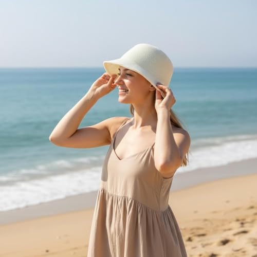 Women Straw Hat Beach Sun Cap Foldable Paper Knitted for Travel Summer Vacation Soft Lightweight Breathable - color: White