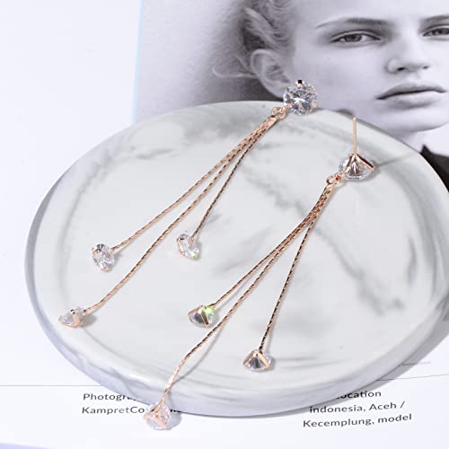 Long Chain Earrings for Women - Sterling Silver Cubic Zirconia CZ Crystal Bridal linear Dangle Drop Earrings for Wedding Girls Party Prom Hypoallergenic Costume Jewelry - color: 14k Rose Gold Plated