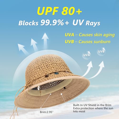 TOP-EX chicpony™ Cooling UPF 50+ Wide Brim Beach Hand Crochet Straw Hat - color: Khaki Shell, size: Medium