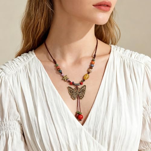 Boho Necklace for Women,Vintage Butterfly Pendant Necklaces,Adjustable Wooden Beads Layered Braided Choker,Fashion Tribal Style Leather Rope Necklace Jewelry,Chunky Statement Gift for Women - color: Colorful6