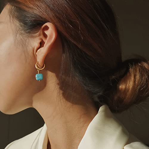 Gold Plated Huggie Hoop Earrings with Charms Fashion Pearl Drop Dangle Earrings for Women Handmade Karma Circle Jewelry for Ladies Lightweight Pearl Earrings on Christmas - color: turquoise-blue