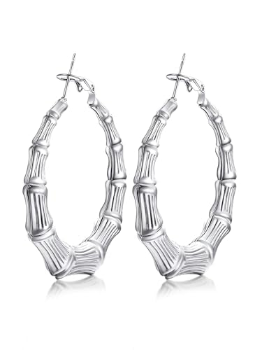 KeyStyle Bamboo Hoop Earrings for Women, Stainless Steel 90s Hoops Earring Lightweight Loops for Party, 2 mm Thick Hypoallergenic Vintage Circle Endless Thin Hoop (40mm, 60mm, 80mm,) - color: Stainless Steel-40mm