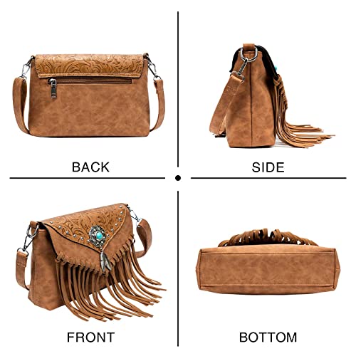 LAVAWA Small Crossbody Bags for Women Crossbody Handbag Fringe Purse Tassel Shoulder Bag Turquoise Concho Wallet - color: Light Brown
