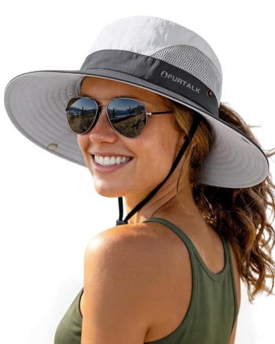 FURTALK Womens Sun Hat with Ponytail Hole Beach Hiking Summer Wide Brim UPF 50+ Outdoor Protection Foldable Bucket Hat - color: Grey