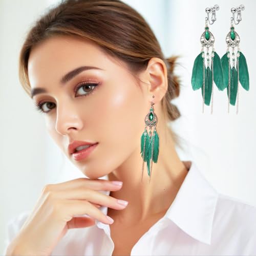Clip on Tassel Dangle Earrings for Boho Women, Non Pierced, Colorful Feather Handmade Beads Fashion Vintage Fringe Jewelry for Parties Weddings Festivals Trendy Statement Earrings for Bohemian - color: Green A