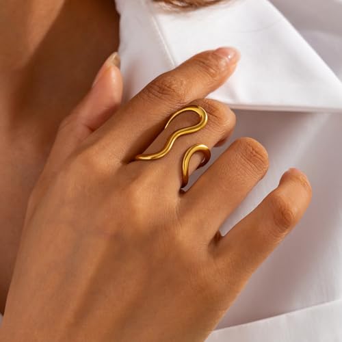 Thumb Rings for Women Chunky Gold Rings for Women Non Tarnish Stainless Steel Adjustable Rings Thumb Silver Ring Wave Curve Ring Dainty Unique Rings - style: 1 - gold