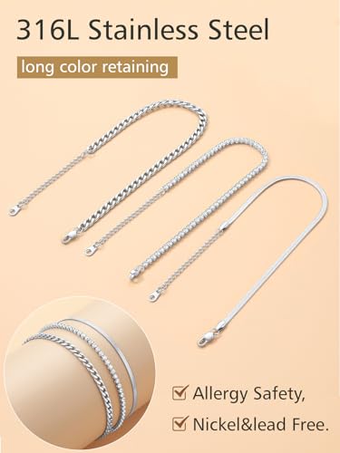FindChic Black/Silver/Gold Plated Anklets Set of 2PCS/3PCS Herringbone Chain Cuban Link Heart Charm Sparkling Tennis Ankle Bracelets, Waterproof Summer Foot Jewelry for Beach - color: 06. Silver-3PCS Herringbone & Tennis & Cuban