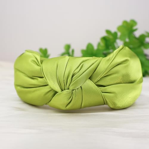 Lime Green Knotted Headbands for Women Satin Shine Non Slip Fashion Hair Bands for Sisters Girls Gifts - color: Silk Shine-Lime Green