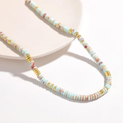 KissYan Boho Beaded Choker Necklace for Women, Gemstone Choker Natural Stone Freshwater Pearl Surfer Necklaces 14K Gold Plated Summer Beach Handmade Jewelry - color: P-Blue Red