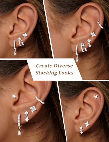 M MOOHAM Flat Back Earring Stacks for Women, Hypoallergenic 14k Real Gold Plated Hoop Stud Cartilage Earrings Stack Set Small Cute Helix Huggie Hoop Drop Earrings Trendy Jewelry Gifts for Women - color: Silver-Plated