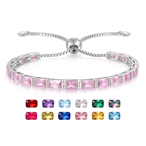 Radiant Cut Birthstone Tennis Bracelets for Women, Adjustable 6–9 Inches White Gold Plated Sterling Silver Bracelet, Hypoallergenic Anniversary Birthday Valentine’s Day Gift for Her - color: 10-Pink Tourmaline